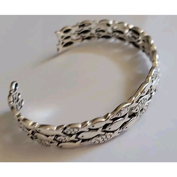 School of Fish Silver Plated Wide Chunky Black Enamel Accents Cuff Bracelet - Picture 3 of 6